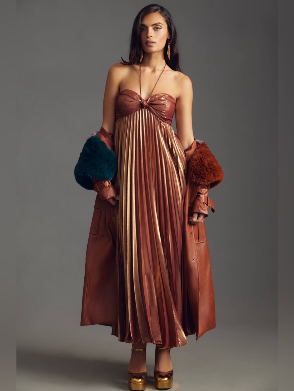 Anthropologie Plissé Halter Dress Maxi Gown Pleated Copper Black Tie Wedding